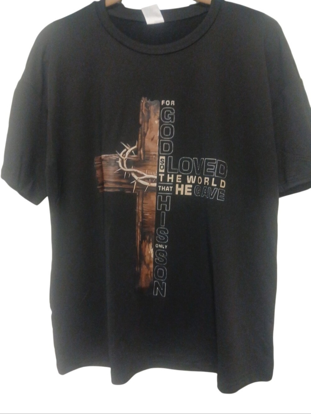 Access - NWOT, Black Short Sleeve Christian Tee Shirt, Cross,"For God So Loved" - Picture 4 of 9